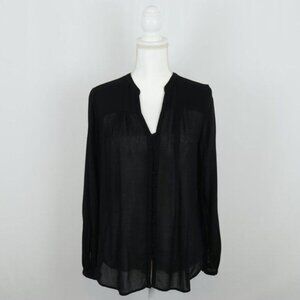 Lucky Brand Women's Small Black Semi-Sheer Pleated V-Neck Button Up Shirt